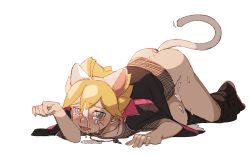1boy anal anal_tail androgynous animal_ears aqua_eyes ass blonde_hair blush butt_plug cat_boy cat_ears clothes_pull cum cum_in_ass cumdrip drooling empty_eyes fake_animal_ears fake_tail full_body gusam looking_at_viewer lying male_focus male_penetrated moaning naruto naruto_(series) open_mouth pants pants_pull paw_pose sex_toy shota simple_background solo tail tears top-down_bottom-up uzumaki_boruto white_background yaoi rating:Explicit score:97 user:harucho