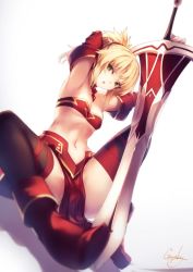  1girl armpits fate/apocrypha fate/grand_order fate_(series) genyaky midriff mordred_(fate) mordred_(fate/apocrypha) ponytail solo spread_legs sword weapon  rating:Sensitive score:30 user:getserious