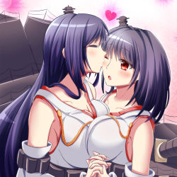 10s 2girls asymmetrical_docking bare_shoulders black_hair breast_press breasts cannon cleavage commentary_request detached_sleeves fusou_(kancolle) hair_ornament headgear holding_hands incest japanese_clothes kantai_collection kiss kissing_forehead large_breasts long_hair loussier666 machinery multiple_girls nontraditional_miko one_eye_closed red_eyes short_hair siblings sisters symmetrical_docking turret yamashiro_(kancolle) yuri rating:Sensitive score:25 user:danbooru