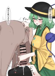  1boy 1girl absurdres ass bar_censor black_thighhighs censored clothed_female_nude_male commentary_request green_eyes green_hair green_skirt handjob highres komeiji_koishi kumiyabe long_sleeves nude open_mouth penis shirt short_hair skirt smile solo_focus speech_bubble testicles thighhighs thighs touhou translation_request yellow_shirt 