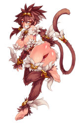  1girl animal_ears anklet ass ass_grab bare_shoulders barefoot blush bracelet breasts brown_hair corset feet female_focus full_body gold grabbing_own_ass grin hairy highres jewelry kakuen_(monster_girl_encyclopedia) kenkou_cross large_breasts looking_at_viewer monkey monkey_ears monkey_girl monkey_tail monster_girl monster_girl_encyclopedia monster_girl_encyclopedia_ii official_art ponytail simple_background smile smirk solo tail teeth thighs thong twisted_torso white_background yellow_eyes  rating:Questionable score:284 user:zr0461
