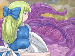  1girl artist_request black_alice blonde_hair blue_bow bow extra_breasts hair_bow long_hair mon-musu_quest! monster_girl outdoors tentacles  rating:Explicit score:25 user:ScreencapMaster