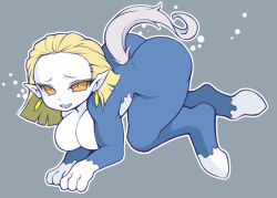 1girl ass blonde_hair breasts colored_skin earrings empusa_(megami_tensei) forehead furry grey_background jewelry large_breasts monster_girl no_nipples noise_(lesion949) orange_eyes pointy_ears sharp_teeth shin_megami_tensei short_hair slit_pupils solo tail teeth white_skin 