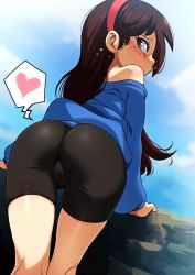 1girl absurdres arm_support ass bike_shorts black_hair black_shorts blue_sweater blush brown_eyes brown_hair cloud cowboy_shot dutch_angle female_focus freckles from_behind hairband heart highres jcm2 knees leaning_forward loli long_hair looking_at_viewer looking_back outdoors red_hairband shorts sid_chang skin_tight sky solo spoken_heart standing sweater the_casagrandes the_loud_house rating:Questionable score:1015 user:Holdencfield