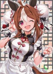  1girl ;d ahoge alternate_costume animal_ears black_ribbon breasts brown_hair cleavage cleavage_cutout clothing_cutout commentary_request copano_rickey_(umamusume) double_bun ear_covers enmaided fang hair_bun horse_ears horse_tail index_finger_raised large_breasts looking_at_viewer maid maid_day medium_hair multicolored_hair one_eye_closed open_mouth pink_eyes puffy_short_sleeves puffy_sleeves ribbon short_sleeves smile solo streaked_hair tail umamusume white_hair wrist_cuffs youmou_usagi 