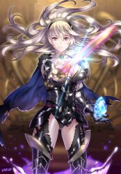  1girl 6nutqd2kwd0iqcl absurdres armor armored_leotard artist_name ascot black_armor black_hairband black_thighhighs blue_cape breasts brooch cape cleavage closed_mouth commentary corrin_(female)_(fire_emblem) corrin_(female)_(nohr_noble)_(fire_emblem) corrin_(fire_emblem) dragonstone english_commentary fire_emblem fire_emblem_fates fire_emblem_heroes floating_hair gem glowing glowing_sword glowing_weapon grey_hair hairband highres holding holding_sword holding_weapon jewelry large_breasts long_hair looking_at_viewer nintendo official_alternate_costume pointy_ears red_eyes solo sword thighhighs torn_cape torn_clothes weapon white_ascot yato_(fire_emblem) 