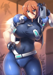  1girl absurdres black_gloves brown_hair covered_navel cropped_jacket cup gloria_chanvalley gloves gundam gundam_the_battle_master haganef hair_between_eyes hand_on_own_hip highres holding holding_cup looking_at_viewer purple_eyes short_hair skin_tight smile solo sunrise 