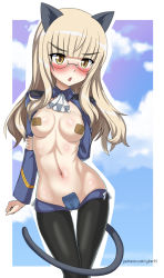  1girl animal_ears bandaid bandaids_on_nipples black_thighhighs blonde_hair blush border breasts breasts_apart breasts_out cameltoe cat_ears cat_tail cloud cloudy_sky covered_erect_nipples cyber_(cyber_knight) feet_out_of_frame female_focus glasses groin highres long_hair maebari medium_breasts meme_attire navel neckerchief open_mouth pasties patreon_username perrine_h._clostermann reverse_bunnysuit reverse_outfit shiny_skin sky small_breasts solo standing strike_witches tail thighhighs watermark web_address white_border white_neckerchief world_witches_series yellow_eyes  rating:Questionable score:24 user:danbooru