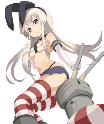 10s 1girl bad_id bad_pixiv_id boots breasts brown_eyes brown_hair elbow_gloves from_below gloves kantai_collection lifebuoy long_hair looking_down midriff miniskirt nano_skirt navel panties rensouhou-chan ribbon shimakaze_(kancolle) sitting skirt solo striped_clothes striped_thighhighs swim_ring tamakorogashi thighhighs underboob underwear