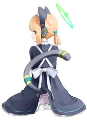  1girl animal_ear_headphones animal_ears blonde_hair blue_archive cat_ear_headphones cat_tail commentary_request fake_animal_ears fake_tail from_behind green_halo halo headphones highres itou_sei_(sei_oekaki_sei) looking_at_viewer looking_back midori_(blue_archive) midori_(maid)_(blue_archive) official_alternate_costume panties pantyshot short_hair simple_background solo striped_clothes striped_panties tail underwear white_background 
