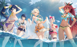  5girls :o ahoge alexa_(epic_seven) aqua_eyes arm_strap arm_up armpit_crease arms_up ass ass_lift bare_shoulders bellona_(epic_seven) belt bikini bikini_skirt black_bikini black_choker black_horns black_ribbon black_tail black_trim blue_hair blue_shorts blue_sky bow bowtie bracelet braid braided_bangs breasts brown_belt cermia_(epic_seven) cermia_(swimsuit_cermia)_(epic_seven) choker cloud collarbone criss-cross_halter cropped_shirt cross-shaped_pupils dagger day double-parted_bangs double_bun epic_seven fang floral_print_shirt floral_print_skirt flower flower_request frilled_bikini frilled_straps frills from_behind from_below front-tie_top gem gold_thighlet gradient_hair green_bikini green_bracelet green_gemstone green_tassel hair_between_eyes hair_bun hair_flower hair_ornament hair_ribbon halterneck hand_on_own_ass hand_on_own_head hand_on_own_hip high_ponytail highres holiday_yufine_(epic_seven) horns impossible_clothes impossible_swimsuit inflatable_toy iseria_(epic_seven) jewelry knife large_breasts long_hair looking_at_viewer looking_back medium_breasts medium_hair multicolored_hair multiple_girls navel open_mouth orange_belt orange_eyes outdoors pink_bikini pink_flower pointy_ears ponytail purple_bikini purple_eyes purple_hair red_flower red_hair ribbon ribbon_earrings sarong seaside_bellona_(epic_seven) serelith shin_strap shirt short_shorts short_sleeves shorts sidelocks single_braid single_thighhigh skin_fang sky sleeveless sleeveless_shirt smile spiked_tail standing strapless strapless_bikini summer&#039;s_disciple_alexa_(epic_seven) summertime_iseria_(epic_seven) sunlight swimsuit symbol-shaped_pupils tail teeth thick_eyelashes thigh_strap thighhighs thighs tied_shirt tree upper_teeth_only v-shaped_eyebrows very_long_hair wading water weapon white_bikini white_flower white_hair white_sarong white_shirt white_thighhighs yellow_bikini yellow_bow yellow_bowtie yellow_flower yufine_(epic_seven) 