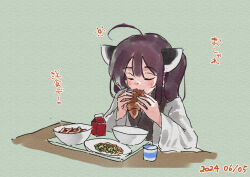  1girl ahoge blush bowl brown_hair closed_eyes closed_mouth dated eating food food_request green_background hair_between_eyes headgear holding holding_food japanese_clothes kimono lamb_(hitsujiniku) long_sleeves plate solo table touhoku_kiritan translation_request tray twintails upper_body voiceroid white_kimono wide_sleeves 