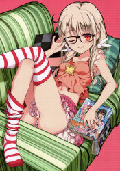  1girl ;) absurdres adjusting_eyewear ass asymmetrical_legwear bare_arms bare_shoulders bespectacled black-framed_eyewear blonde_hair blush book breasts camisole closed_mouth collarbone couch crop_top crossed_legs cushion dress fate/kaleid_liner_prisma_illya fate_(series) fingernails frilled_dress frilled_skirt frills glasses hair_between_eyes highres hiroyama_hiroshi holding holding_book illyasviel_von_einzbern layered_skirt leg_up legs_up loli long_hair looking_at_viewer low_twintails lying magazine_(object) midriff midriff_peek miniskirt navel official_art on_back on_couch one_eye_closed open_book panties pantyshot pillow pink_background pink_shirt pink_skirt reading reclining red_eyes shirt sidelocks sitting skirt sleeveless small_breasts smile smug socks solo star_(symbol) striped_clothes striped_thighhighs thighhighs thighs twintails underwear upskirt white_hair white_panties  rating:Sensitive score:97 user:AstroKite00