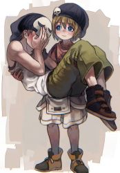  1boy 1girl artist_request beanie bitou_daisukenojou bitou_raimu blush brother_and_sister cargo_pants carrying collarbone covering_face embarrassed eyebrows hat lifting_another&#039;s_clothes lifting_person pants short_hair siblings skull_print source_request subarashiki_kono_sekai  rating:Sensitive score:5 user:nh6574
