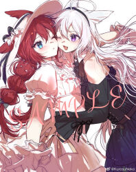  2girls ;&lt; ahoge animal_ears bare_shoulders bird_ears black_dress black_hairband black_ribbon black_sleeves blue_eyes braid center_frills chinese_commentary closed_mouth clothing_cutout collar collared_dress commentary_request cowboy_shot cross-laced_clothes cross-laced_sleeves cross_neko dress ears_through_headwear eyelashes fang flower frilled_sleeves frills gloves hairband halter_dress halterneck hand_on_another&#039;s_hip hat hat_flower highres hug light_blush light_frown lily_(flower) long_hair looking_at_another low_twin_braids mole mole_under_eye multiple_girls one_eye_closed open_mouth original puffy_short_sleeves puffy_sleeves purple_eyes red_hair ribbon sample_watermark short_sleeves shoulder_cutout simple_background sleeve_ribbon smile twin_braids very_long_hair watermark weibo_watermark white_background white_collar white_dress white_flower white_gloves white_hair white_hat white_sleeves yuri 