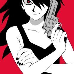  1girl collarbone commentary finger_on_trigger flat_color gun hair_over_one_eye handgun holding holding_gun holding_weapon jadoochicken light_smile looking_at_viewer original partially_colored red_background red_eyes revolver solo tank_top upper_body weapon 