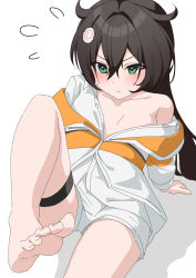  1girl bare_shoulders barefoot blush breasts brown_hair cleavage closed_mouth collarbone collared_shirt food goddess_of_victory:_nikke green_eyes hair_intakes hair_ornament hatenoga jacket kamaboko long_hair looking_at_viewer multicolored_jacket narutomaki off-shoulder_shirt off_shoulder orange_jacket shirt shorts sitting small_breasts solo thigh_strap trony_(nikke) two-tone_jacket white_jacket white_shirt white_shorts 