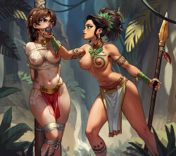  2girls ball_gag bdsm black_hair blush bondage bound braid braided_ponytail breasts brown_hair dark-skinned_female dark_skin earrings forest gag groin hair_ornament hair_scrunchie hand_on_another&#039;s_chin holding holding_polearm holding_weapon jewelry lara_croft large_breasts lipstick long_hair looking_at_another makeup multiple_girls nature navel nipples outdoors polearm ponytail red_lips red_scrunchie sane-person scrunchie shiny_skin spear standing tattoo thighs tomb_raider tooth_earrings tree tribal tribal_tattoo weapon yuri  rating:Explicit score:92 user:danbooru
