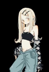  1girl alternate_costume black_background black_tube_top blonde_hair blue_pants breasts closed_mouth cowboy_shot cross-laced_clothes cross-laced_sleeves denim detached_sleeves flipped_hair gakuen_idolmaster grey_sleeves hair_ornament highres idolmaster jeans long_hair long_sleeves looking_at_viewer navel noo-chan pants shinosawa_hiro simple_background small_breasts solo standing straight_hair strapless tube_top yellow_eyes 