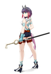  1girl absurdres ass azure_striker_gunvolt azure_striker_gunvolt_3 back bare_shoulders black_shorts body_markings breasts brown_hair datalyf from_behind full_body green_eyes highres holding holding_sword holding_weapon kirin_(gunvolt) looking_at_viewer medium_breasts multicolored_hair pink_hair red_hair short_hair shorts simple_background skin_tight smile solo sword weapon white_background 