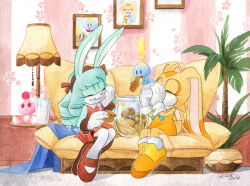  ! 1other 2girls animal_ears anya_the_rabbit blue_fur blue_hair brown_dress brown_footwear brown_fur chao_(sonic) cheese_(sonic) closed_eyes cookie couch cream_the_rabbit cup dress finik food furry furry_female glass gloves hand_on_own_cheek hand_on_own_face highres holding holding_cup holding_food indoors lamp long_hair mary_janes milk multiple_girls necktie on_couch orange_dress orange_footwear original painting_(medium) palm_tree pantyhose photo_(object) pink_necktie plant potted_plant rabbit_ears rabbit_girl ringlets shoes signature sitting sleeveless sleeveless_dress sonic_(series) striped_wall traditional_media tree watercolor_(medium) white_gloves white_pantyhose 