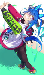  1girl @_@ ahoge animal_ears animal_hood aqua_hair arms_up ass black_nails blue_eyes blue_hair bodysuit bodysuit_under_clothes boots bow clothes_writing commentary_request crossed_bangs drawstring eyes_visible_through_hair from_above full_body grass grin hair_between_eyes hair_bow heterochromia highres hood hoodie horse_ears horse_girl horse_tail interlocked_fingers keyfanjun long_hair long_sleeves looking_at_viewer looking_back multicolored_clothes multicolored_hair multicolored_hoodie nail_polish own_hands_together partial_commentary purple_eyes rabbit_hood sidelocks smile solo striped_bow sweat tail twin_turbo_(umamusume) twintails two-tone_hair umamusume yellow_footwear 
