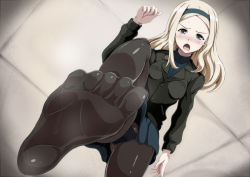 1girl aleksandra_i._pokryshkin arobiro black_panties black_pantyhose blonde_hair blue_eyes blush brave_witches breasts cameltoe feet female_focus foot_focus foreshortening from_below hair_ornament hairband highres looking_at_viewer medium_breasts military military_uniform no_shoes open_mouth panties panties_under_pantyhose pantyhose red_star see-through skirt soles solo standing standing_on_one_leg star_(symbol) toes underwear uniform upskirt world_witches_series rating:Questionable score:36 user:danbooru