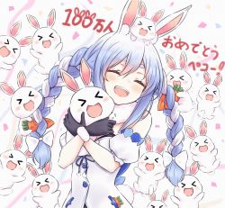 &gt;_&lt; 1girl :d absurdres animal animal_ear_fluff animal_ears animal_on_head blue_eyes blue_hair braid carrot cheering confetti congratulations don-chan_(usada_pekora) dress highres holding holding_animal hololive hug huge_filesize laughing long_hair multicolored_hair on_head open_mouth pekomon_(usada_pekora) pikao rabbit rabbit_ears rabbit_girl sidelocks smile solo_focus twin_braids two-tone_hair usada_pekora usada_pekora_(1st_costume) virtual_youtuber white_background white_dress xd rating:Sensitive score:3 user:danbooru