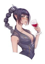  1girl alcohol artist_name baldur&#039;s_gate baldur&#039;s_gate_3 black_hair black_shirt blunt_bangs blush breasts circlet cleavage collarbone commentary cropped_torso cup drinking_glass dungeons_&amp;_dragons elf english_commentary from_side green_eyes holding holding_cup long_hair looking_at_viewer multi-tied_hair paulina_klime plunging_neckline pointy_ears ponytail scar scar_on_face scar_on_nose shadowheart_(baldur&#039;s_gate) shirt simple_background sleeveless sleeveless_shirt solo upper_body watermark white_background wine wine_glass 