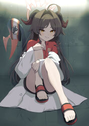  1girl :d absurdres ass backlighting black_hair black_shorts blue_archive breast_pocket brick_wall collarbone collared_shirt commentary_request demon_girl demon_horns demon_tail hair_between_eyes halo highres horns hugging_own_legs indoors kasumi_(blue_archive) keke_(user_djyu7823) knee_to_chest knees_up lab_coat long_hair long_sleeves looking_at_viewer open_mouth pocket prison red_shirt sandals school_uniform shirt short_shorts shorts sidelocks sitting smile solo tail tile_floor tiles toes yellow_eyes 