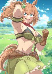  1girl animal_ears arm_up armband armpits bandana bandeau bare_shoulders belt bikini bikini_under_clothes blue_eyes blue_sky blurry blurry_background breasts brown_belt brown_gloves brown_hair brown_hat cleavage cloud cloudy_sky commentary_request cowboy_shot detached_sleeves gloves grass green_skirt grey_background gun hair_ornament handgun hat highres holster holstered horse_ears horse_girl kaicho_(kaicho_p) large_breasts long_hair looking_at_viewer midriff miniskirt navel open_mouth outdoors ponytail red_bandana revolver short_sleeves skirt sky smile solo standing star_(symbol) star_hair_ornament stomach swimsuit taiki_shuttle_(umamusume) tree umamusume weapon 