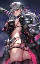  1girl alternate_costume armor ass azcp333 blush breasts crown detached_sleeves dress from_behind from_below gloves goddess_of_victory:_nikke hair_ribbon large_breasts long_hair looking_at_viewer looking_down marian_(nikke) modernia_(nikke) modernia_(second_affection)_(nikke) open_mouth red_eyes ribbon short_dress smile solo thick_thighs thighhighs thighs white_hair  rating:Sensitive score:8 user:armorcrystal