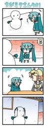 &gt;_&lt; 2girls 4koma alternate_hairstyle chibi_miku comic closed_eyes handheld_game_console hatsune_miku kagamine_rin light_bulb long_image minami_(colorful_palette) multiple_girls playstation_portable pointing silent_comic snow snowman tall_image twintails vocaloid winter_clothes |_| rating:General score:0 user:danbooru