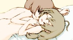  2girls brown_hair closed_eyes cuddling feral_lemma flat_chest grabbing grabbing_another&#039;s_breast loli long_hair lying multiple_girls navel open_mouth short_hair simple_background yuri  rating:Questionable score:35 user:naore