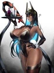  1girl ? bare_shoulders black_bow black_bowtie black_gloves black_hair black_lips blue_hair bottle bowtie breasts brown_eyes cleavage colored_inner_hair dark-skinned_female dark_skin detached_collar elbow_gloves facepaint fake_tail gloves glowing glowing_hair goddess_of_victory:_nikke hand_on_own_hip headgear holding huge_breasts indivilia_(nikke) leotard lips long_hair mechanical_tail multicolored_hair playboy_bunny rabbit_tail sideboob solo tail thick_thighs thighs wide_hips wrist_cuffs z_enatsu  rating:Sensitive score:4 user:Leksa