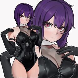  1girl absurdres artem_vitt black_gloves breasts cleavage closed_mouth elbow_gloves ghost_in_the_shell ghost_in_the_shell_stand_alone_complex gloves hair_between_eyes highres kusanagi_motoko leotard looking_at_viewer purple_eyes purple_hair russian_commentary short_hair simple_background solo translated white_background zipper_leotard zoom_layer  rating:Sensitive score:15 user:danbooru