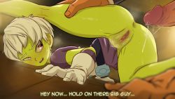  1boy 1girl absurdres anus ass belt bodysuit bottomless cheelai clitoral_hood clitoris colored_skin commentary dragon_ball dragon_ball_super english_commentary english_text female_pubic_hair from_side gloves greatm8 green_skin highres imminent_penetration looking_at_another looking_back lying on_side open_mouth penis photoshop_(medium) precum pubic_hair purple_bodysuit purple_eyes pussy pussy_juice short_hair source_filmmaker_(medium) spread_ass spread_legs subtitled sweat top-down_bottom-up uncensored white_gloves white_hair  rating:Explicit score:436 user:danbooru