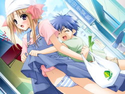  00s 1boy 1girl age_difference black_eyes blonde_hair blue_hair bow closed_eyes clothes_lift cloud dress dutch_angle embarrassed happy hat hetero masato masato_(navel) mature_female non-web_source open_mouth outdoors overall_skirt overalls panties pantyshot pinafore_dress pink_bow purple_eyes shigure_ama short_hair shota shuffle! sidelocks skirt skirt_lift sky sleeveless sleeveless_dress smile spring_onion surprised suzuhira_hiro underwear  rating:Questionable score:28 user:danbooru