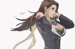  1girl ace_attorney arms_up black_eyes black_jacket breasts brown_hair cleavage closed_mouth ear_piercing highres jacket jewelry large_breasts lcageki long_hair long_sleeves magatama magatama_necklace mia_fey mole mole_under_mouth necklace piercing scarf simple_background smile solo upper_body white_background yellow_scarf 