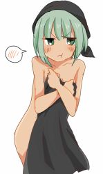  1girl :t bad_id bad_pixiv_id bandana blush breasts cleavage collarbone covering_privates cowboy_shot dark-skinned_female dark_skin gdn0 green_eyes green_hair highres isis-chan jitome military no_nose nude nude_cover original pout short_hair simple_background small_breasts solo spoken_blush white_background 