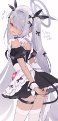  1girl :d absurdly_long_hair alternate_costume apron bare_shoulders black_bow black_dress blue_archive blush bow cowboy_shot dated demon_tail detached_sleeves dress enmaided frilled_apron frills grey_hair hair_bow hair_over_one_eye highres iori_(blue_archive) legs_apart long_hair looking_at_viewer maid maid_day maid_headdress one_eye_covered open_mouth petticoat pointy_ears puffy_short_sleeves puffy_sleeves red_eyes short_dress short_sleeves simple_background skindentation smile solo strapless strapless_dress tail thigh_strap thighhighs twintails very_long_hair white_apron white_background white_thighhighs white_wrist_cuffs wrist_cuffs yukimiya_yuge 