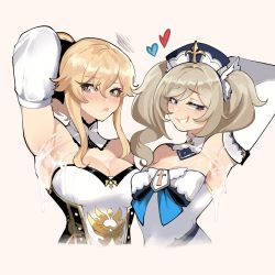 2girls arm_behind_head armpits barbara_(genshin_impact) blonde_hair blue_eyes blush breasts cleavage closed_mouth cropped_torso cum cum_on_armpit cum_on_armpits cum_on_body detached_sleeves genshin_impact grin hair_between_eyes hat heart highres jean_(genshin_impact) long_hair medium_breasts multiple_girls nyantcha presenting_armpit siblings simple_background sisters smile twintails rating:Explicit score:239 user:danbooru