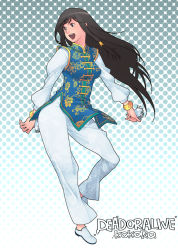  1girl black_hair china_dress chinese_clothes dead_or_alive dress female_focus full_body g-room_honten halftone halftone_background happy kokoro_(doa) long_hair open_mouth shoes solo tecmo  rating:Sensitive score:24 user:danbooru