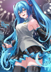 1girl aqua_eyes aqua_hair aqua_nails armpits breasts commentary_request hatsune_miku highres inue_ao long_hair looking_at_viewer medium_breasts microphone nail nail_polish open_mouth skirt solo tattoo tears thighhighs thighs twintails very_long_hair vocaloid zettai_ryouiki rating:Sensitive score:4 user:danbooru