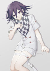  1boy absurdres black_hair black_scarf buttons checkered_clothes checkered_neckwear checkered_scarf commentary danganronpa_(series) danganronpa_v3:_killing_harmony ewa_(seraphhuiyu) feet_out_of_frame grey_background grey_scarf hair_between_eyes hand_up highres looking_at_viewer male_focus oma_kokichi parted_lips purple_eyes purple_hair scarf shiny_skin short_sleeves shorts simple_background smile solo symbol-only_commentary teeth thigh_strap twitter_username white_shorts  rating:Sensitive score:3 user:danbooru