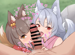  1boy 2girls :3 ^^^ animal_ear_fluff animal_ears bar_censor bell blunt_bangs blush brown_eyes brown_hair censored clothed_female_nude_male commentary_request dougi erection fang fellatio ffm_threesome foliage fox_ears fox_girl fox_tail grass grey_hair group_sex hair_bell hair_between_eyes hair_ornament half-closed_eyes heart heavy_breathing highres japanese_clothes jingle_bell kamuro_(mon-musu_quest!) kazami_windy kimono kitsu_(mon-musu_quest!) licking licking_penis loli looking_at_viewer mon-musu_quest! multiple_girls multiple_tails nude open_mouth oral outdoors penis pov red_eyes red_kimono short_hair smile sound_effects squeezing_testicles sweatdrop tail teeth testicles threesome upper_teeth_only veins veiny_penis 
