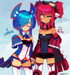  2girls alpha_symbol blue_hair blue_panties blue_shirt blush bow breasts creatures_(company) detached_collar detached_sleeves embarrassed frilled_sleeves frills game_freak gen_3_pokemon glasses goggles greek_letters groudon hair_over_eyes holding_hands hopebiscuit humanization kyogre legendary_pokemon long_sleeves multiple_girls nintendo omega_symbol one_eye_closed open_mouth panties personification pokemon pokemon_oras red-framed_eyewear red_hair red_scarf red_shirt scarf sharp_teeth shirt short_hair short_shorts shorts simple_background smile spikes sweat tan teeth thighhighs twintails underwear white_nails white_thighhighs yellow_eyes 