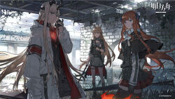  3girls animal_ears arknights bagpipe_(arknights) black_gloves blonde_hair breeze_(arknights) cane coat commentary gloves green_eyes highres holding holding_cane holding_polearm holding_weapon horns lance lococo:p long_hair looking_at_viewer multiple_girls official_art orange_hair polearm purple_eyes reed_(arknights) skirt tail weapon white_coat 
