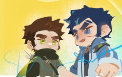  2boys :d amaimochi arms_at_sides bandaid bandaid_on_face bandaid_on_nose bara blue_eyes blue_hair brown_hair clenched_hand eyebrow_cut facial_hair foreshortening from_below green_eyes highres huge_eyebrows long_sideburns male_focus medium_sideburns multiple_boys open_mouth original short_hair sideburns sideburns_stubble smile stubble unfinished 