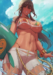  1girl absurdres andromeda_(fate) andromeda_(second_ascension)_(fate) bandeau bare_shoulders bikini bikini_under_clothes blue_sky blush bracelet braid breasts brown_hair chain cleavage criss-cross_halter cross-laced_clothes crown_braid dark-skinned_female dark_skin denim fate/grand_order fate_(series) green_eyes grey_pants grin halterneck highleg highleg_bikini highres inflatable_toy jeans jewelry kakeku large_breasts long_hair looking_at_viewer low_ponytail multicolored_bikini multicolored_clothes navel pants rainbow_bikini see-through sidelocks sky smile solo swimsuit thighs water 